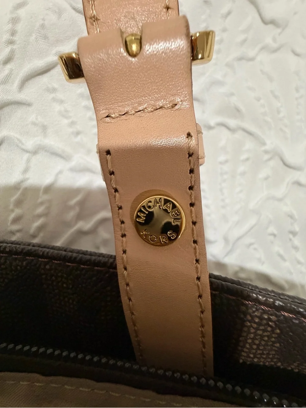 Michael Kors Brown Monogram Tote with Blush Straps